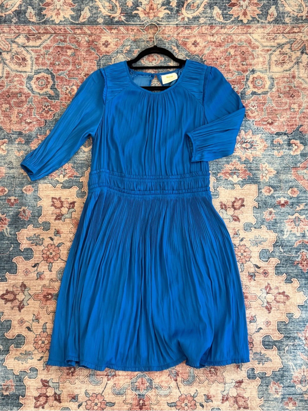 Anthropologie Maeve Saniya Blue Shiny Silky Pleated 3/4 Sleeve Mini Dress Sz M - Picture 3 of 10